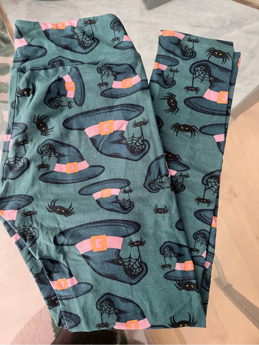 LuLaRoe Teal Witch Hat & Spider Print Leggings with Pink and Black Accents